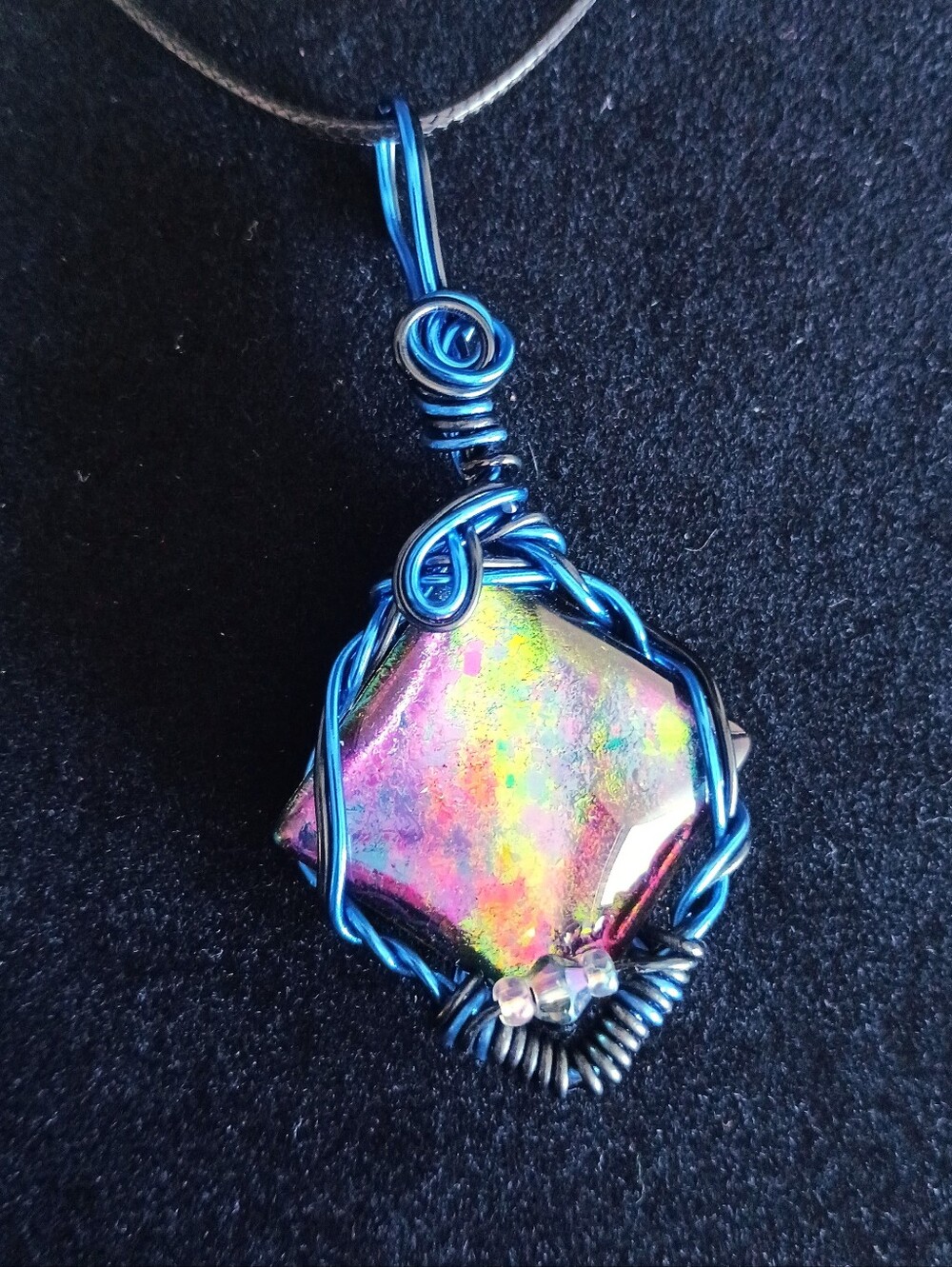 Wire Wrapped Titanium Rainbow Glass Cabochon Pendant Necklace New Handmade